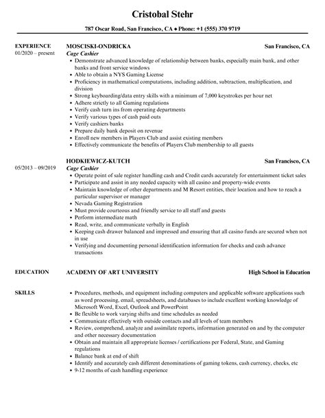 Cage Cashier Resume Samples .